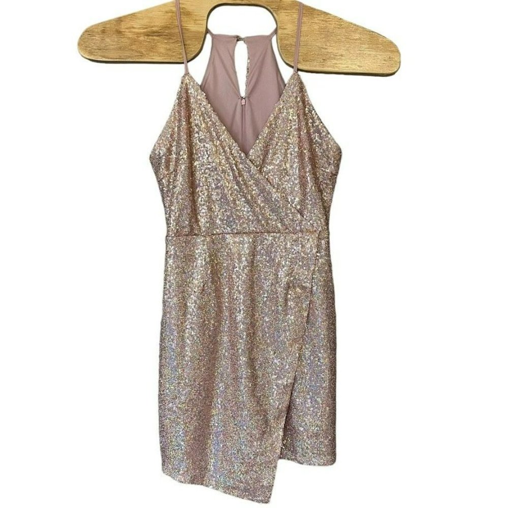 Lulu's Pink Sequin V-Neck Faux Wrap Mini Dress Prom Spring Fling Womens M‎